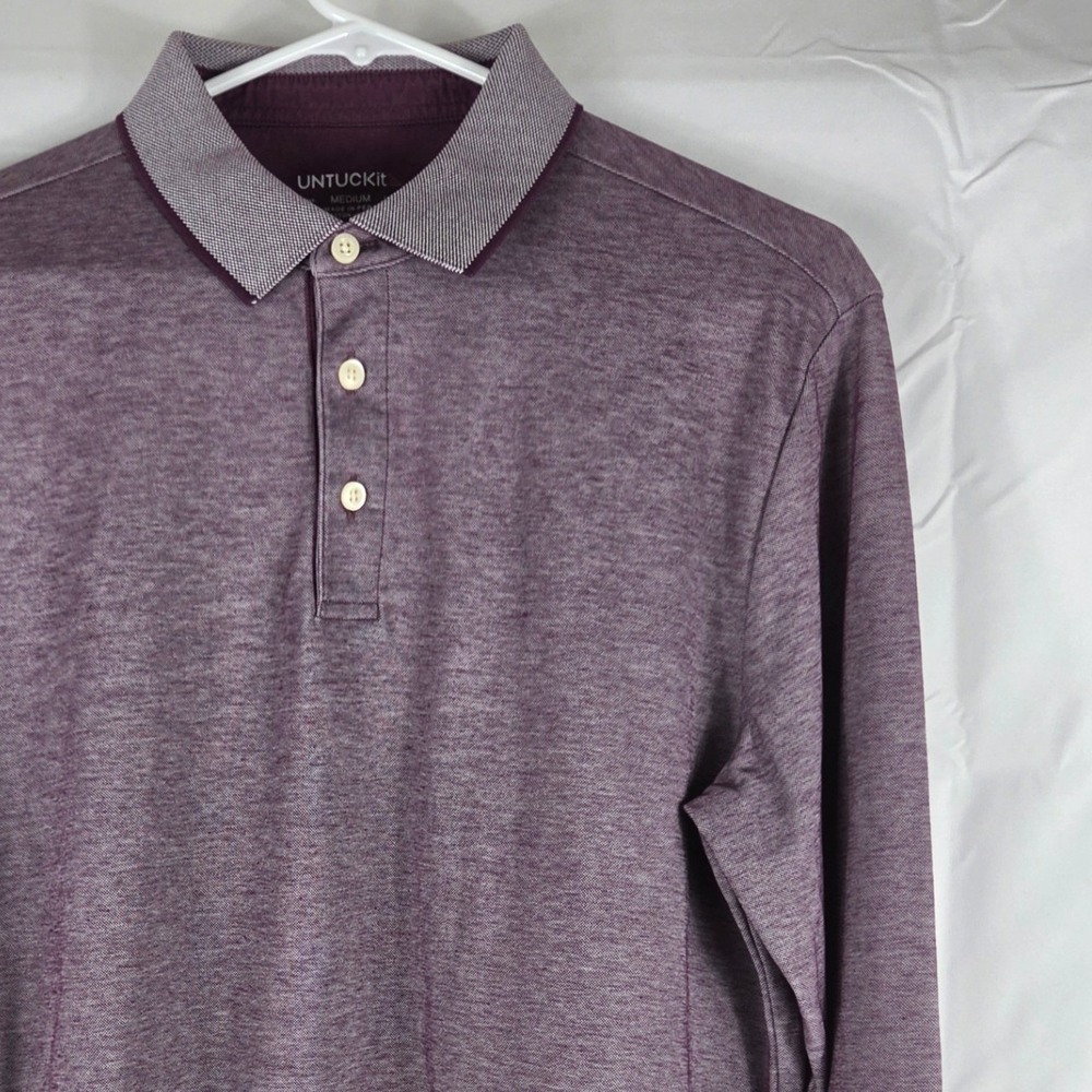 UNTUCKit Beaux Contrast Collar Long Sleeve Polo Shirt Purple Heather Mens Medium